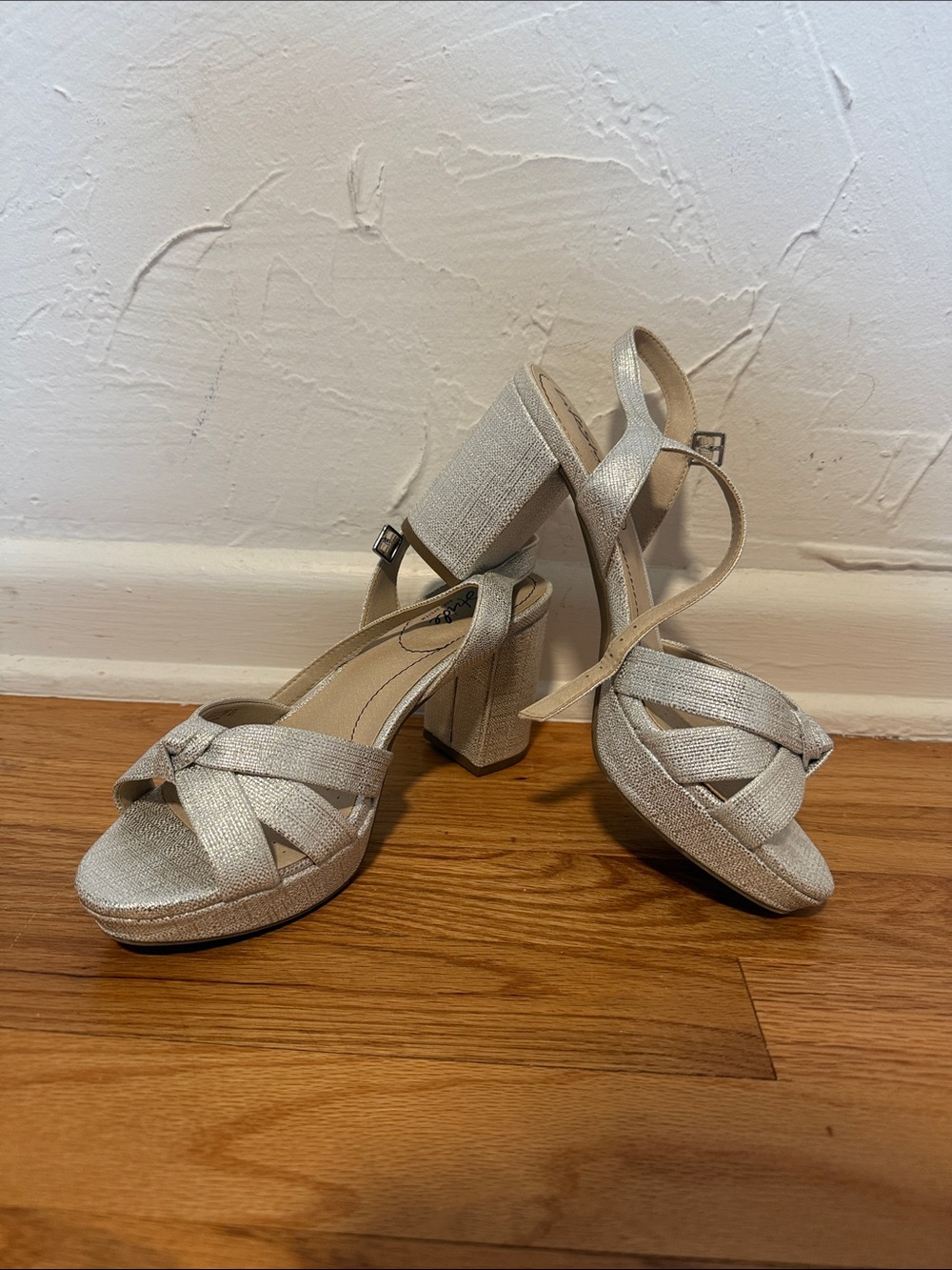 Life Stride Silver Metallic Crisscross Block Heel Sandals - Women's